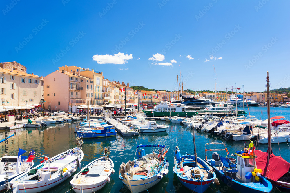 view on colorful harbour in Saint Tropez, cote d'azur, french riviera, south France