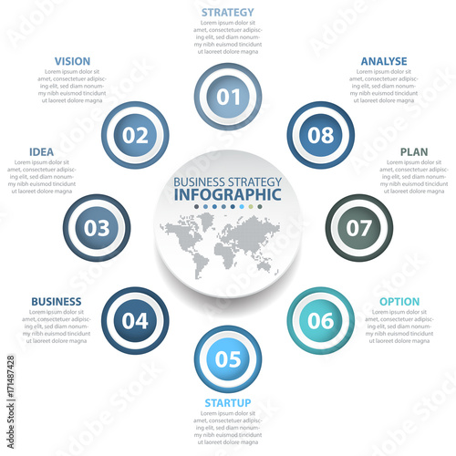 8 options Business Infographics, strategy, timeline, design template