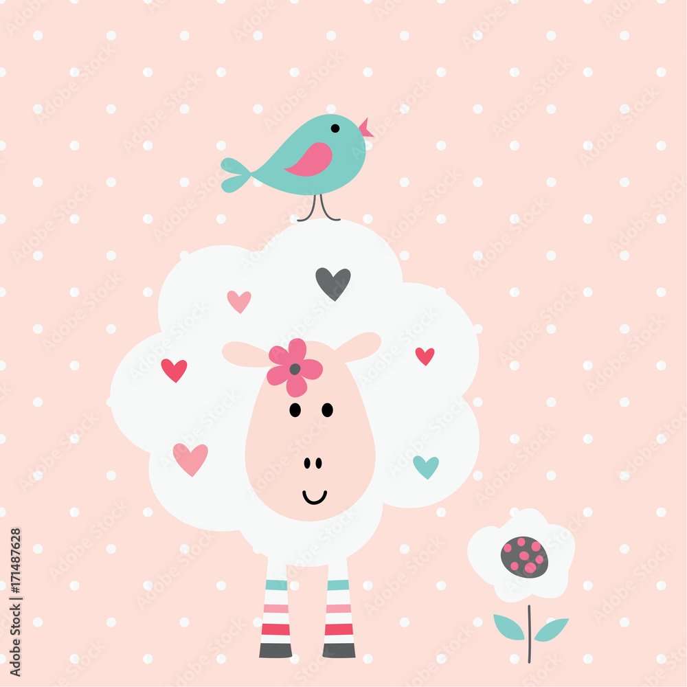 Obraz premium Cute vector illustration with funyy sheep and bird