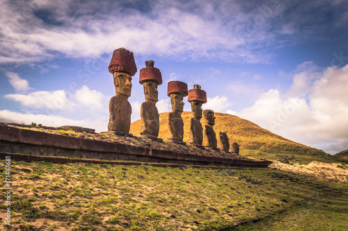 Anakena beach, Easter Island - July 10, 2017: Moai altar of Anakena beach, Easter Island