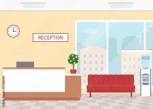 Office interior with reception and waiting area. Flat style, vector illustration. 
