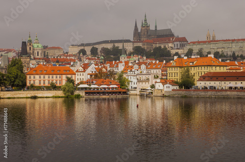 Prague Castle, the Vltava River and the historic center of Prague in the autumn morning. Prague, Czech Republic