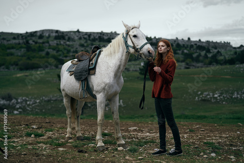 woman, horse, mountains