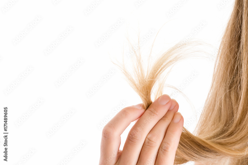 Woman's hand showing a damaged hair ends isolated on the white background.  Cares about a healthy and clean hair. Beauty salon. Empty place for a text.  Stock Photo | Adobe Stock