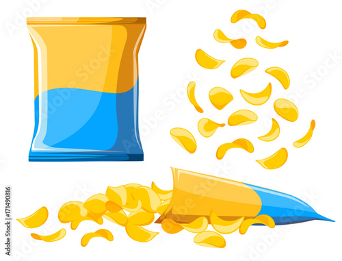 Potato chips collection. Vector illustration chips Unhealthy food illustration Ready for chips pack bag package background Flat Design Style Fresh cartoon different Web site page and mobile app design