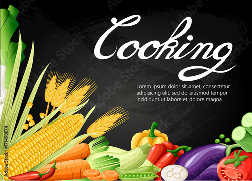 cooking collection background salt pepper spices Fresh cartoon different vegetable isolated on white background used for magazine book poster card menu cover pages. Web site page and mobile app design