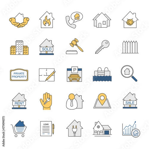 Real estate market color icons set