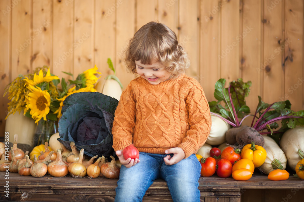Fototapeta premium Adorable smiling toddler farmer with autumn harvest
