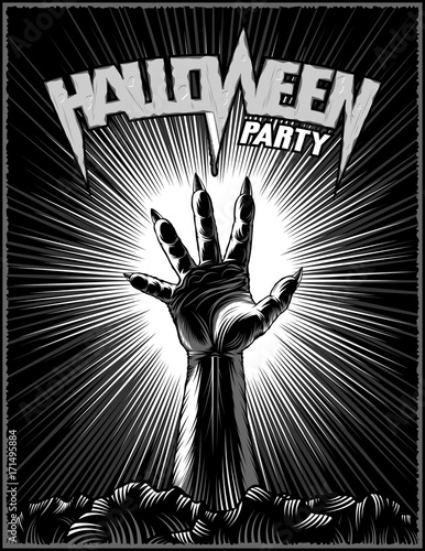 Zombie hand stick out from the grave on the background of beams for evil spirits holiday Halloween; Vector black illustration in ink hand drawing vintage retro style for print, stamp or poster design
