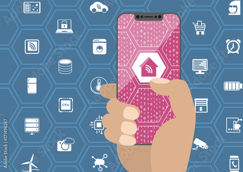 Smart home automation concept with hand holding bezel free smartphone. Symbols and frameless display as vector illustration.