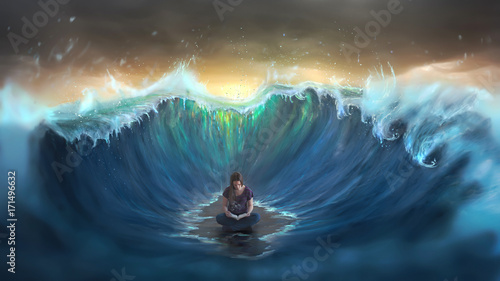 Woman reading and surrounded by waves photo
