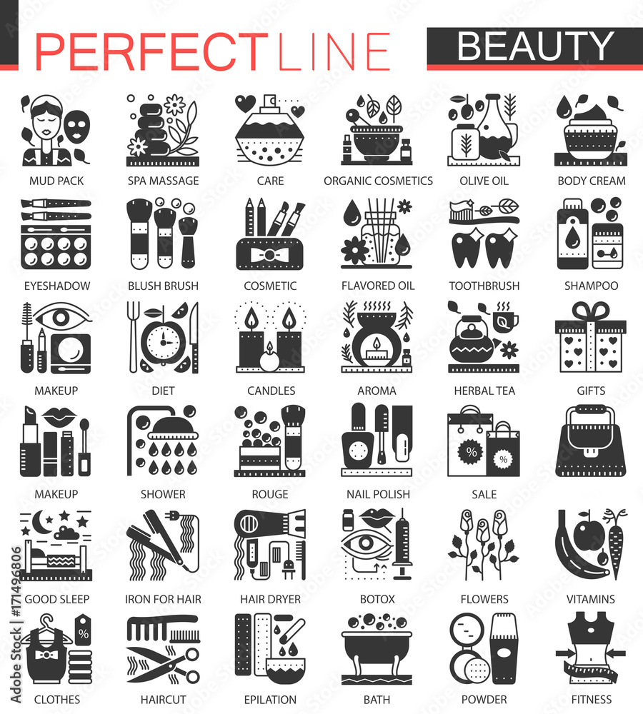 Beauty Cosmetics classic black mini concept symbols. Vector Cosmetic modern icon pictogram illustrations set.