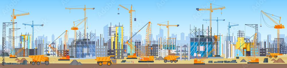Wide head banner of city skyline construction process. Tower cranes on construction site. Buildings under construction. Wide head banner of city skyline construction process. Tower cranes on construction site. Buildings under construction.