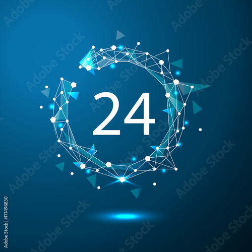 24 hours customer service. Round the clock support symbol.Polygonal space low poly with connecting dots and lines. Connection structure. Vector science background