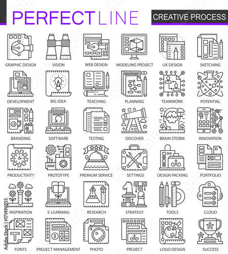 Creative process outline mini concept symbols. Modern stroke linear style illustrations set. Perfect thin line icons.