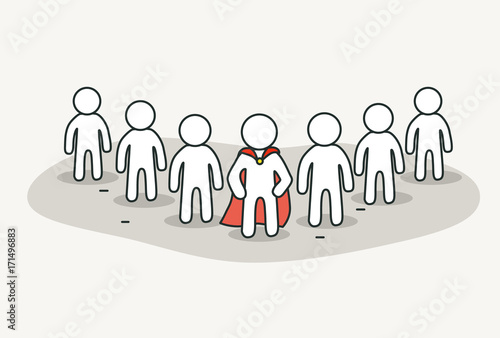 Little white people with superhero leader. Teamwork and leader concept. Hand drawn cartoon or sketch design.