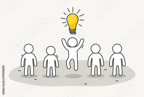 Little white people with creative leader. Creative idea, inspiration concept. Hand drawn cartoon or sketch design.