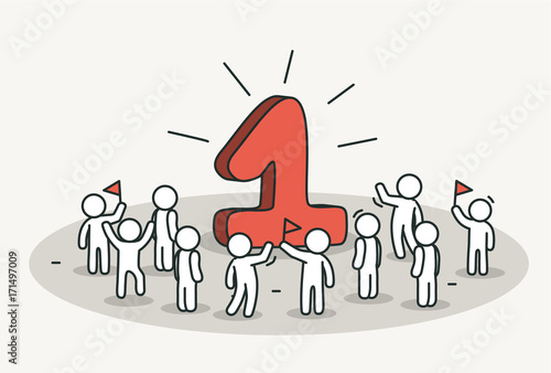 Little white people celebrate one year anniversary or birthday. Hand drawn cartoon or sketch design.