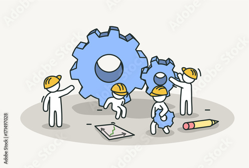 Little white people working installing gears. Technology work, teamwork and professional concept. Hand drawn cartoon or sketch design.