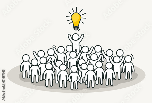 Little white people with creative leader. Creative idea, inspiration concept. Hand drawn cartoon or sketch design.