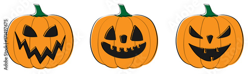 Set of funny and scary hand drawn pumpkins. Vector.
