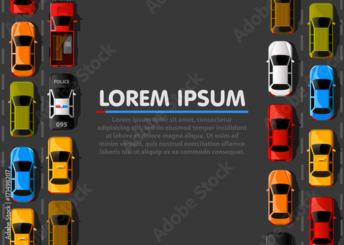 Traffic jam on the road. Road transport. Highway banner.