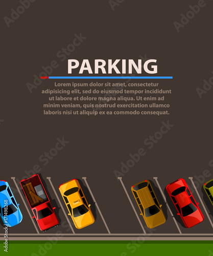 City parking vector web banner. Shortage parking spaces. Many cars in a crowded parking. Parking zone.