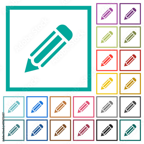 Single pencil flat color icons with quadrant frames