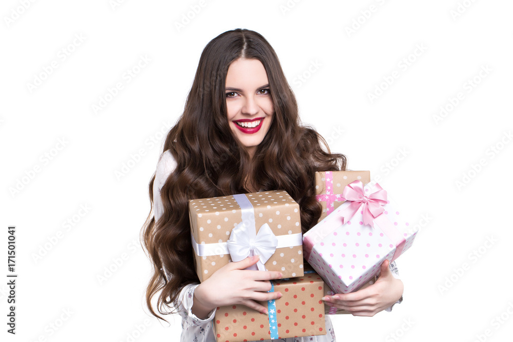 Woman holding a lot of boxes with gifts isolated. Woman holding a lot of boxes with gifts isolated.