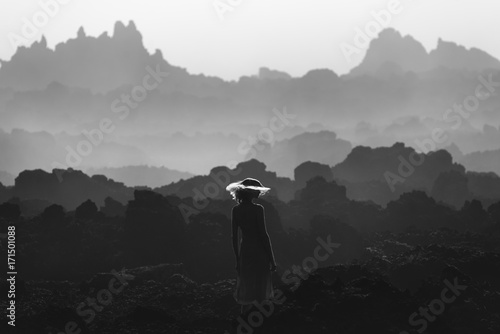 silhouette of a girl with flying hair on the background of another planet photo