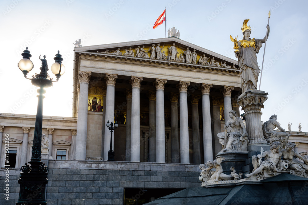 Fototapeta premium The Austrian Parliament neo classical facade in Vienna (Austria)