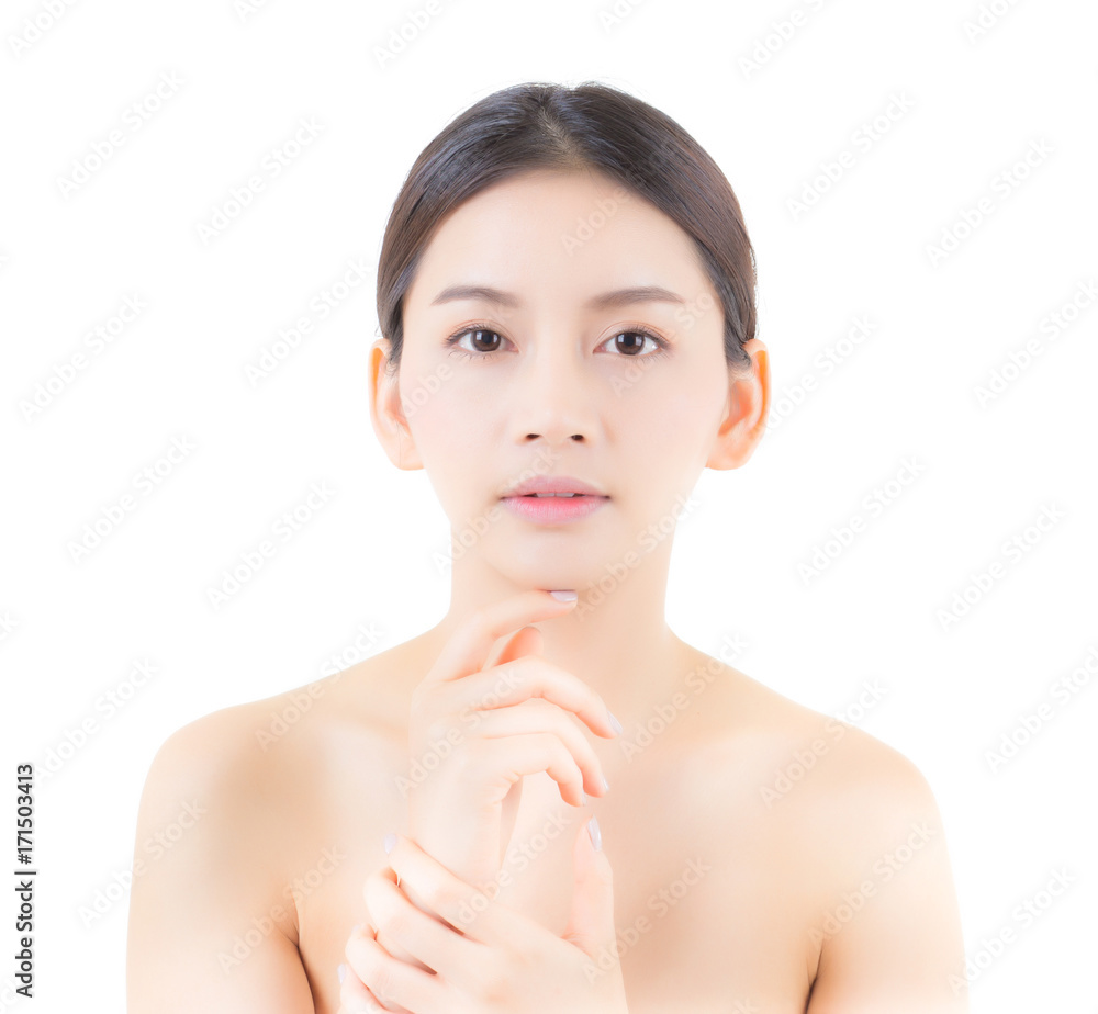 Beautiful girl with makeup, woman and skin care cosmetics concept / attractive asia girl smilling on face isolated on white background. Beautiful girl with makeup, woman and skin care cosmetics concept / attractive asia girl smilling on face isolated on white background.