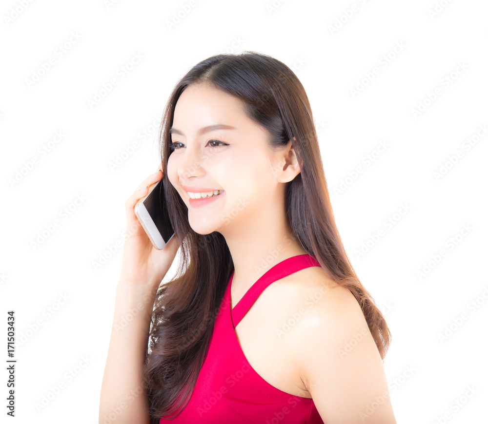 Cheerful Asian woman teenage girl laughing talking phone isolated on white background. Cheerful Asian woman teenage girl laughing talking phone isolated on white background.