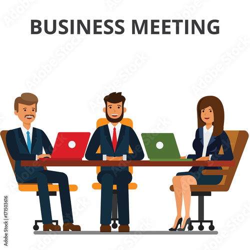 Business meeting. Businessmen and businesswoman sit at the table. Team work together, discussion, interviews, negotiations. Flat vector illustration isolated on white background.