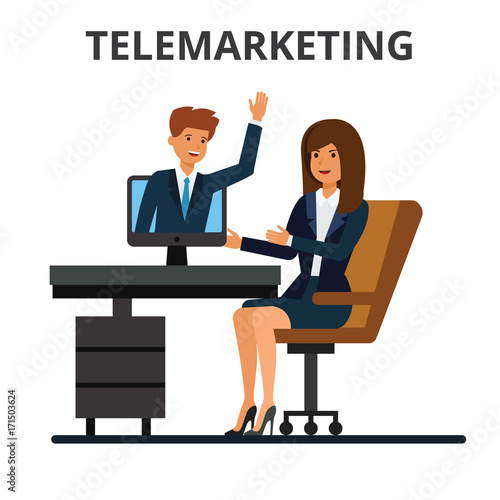 Telemarketing, online sales, business conference, video calling. Internet communication technology. Businessman and businesswoman chatting in web. Flat vector illustration isolated on white background