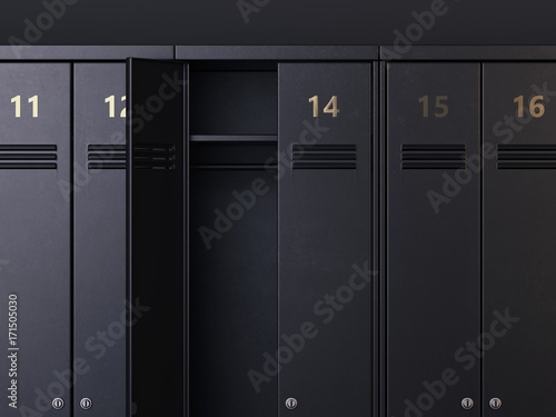 Black lockers with one opened. 3d rendering