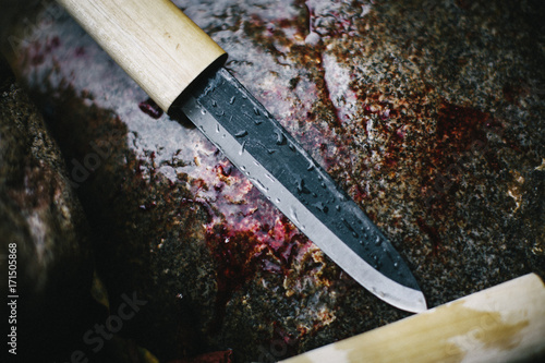 One dirty bloody wet knife on a stone after skinning a fish photo
