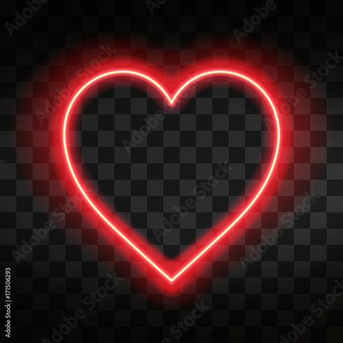 Bright neon heart. Heart sign on dark transparent background. Neon glow effect