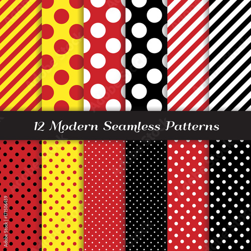 Polka Dots and Diagonal Stripes Seamless Vector Patterns in Red, Black, White and Yellow. Perfect for kids Pirate birthday party background. Pattern Tile Swatches Included. photo
