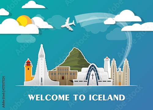 Iceland Landmark Global Travel And Journey paper background. Vector Design Template.used for your advertisement, book, banner, template, travel business or presentation