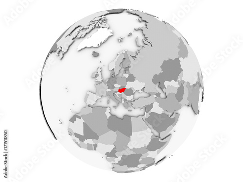 Hungary on grey globe isolated