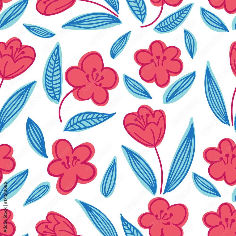Cute seamless hand-drawn floral pattern with red flowers on white background. Vector illustration Cute seamless hand-drawn floral pattern with red flowers on white background. Vector illustration