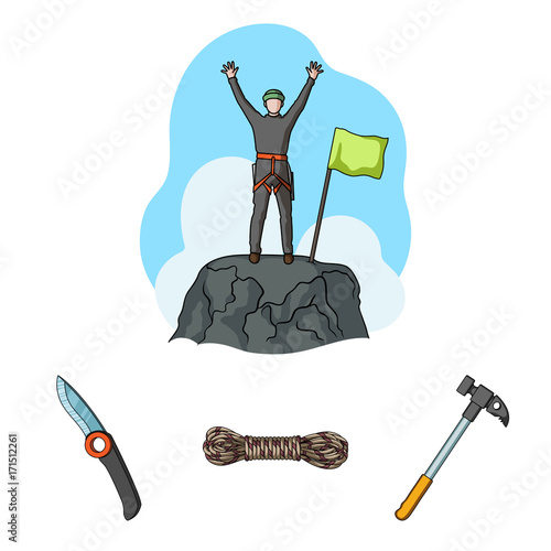 Climber on conquered top, coil of rope, knife, hammer.Mountaineering set collection icons in cartoon style vector symbol stock illustration web.