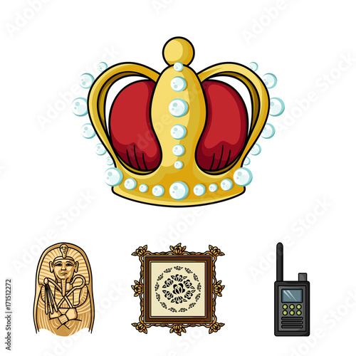 Picture, sarcophagus of the pharaoh, walkie-talkie, crown. Museum set collection icons in cartoon style vector symbol stock illustration web.