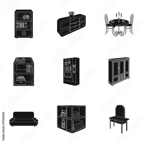 Coffee maker, sofa, mirror, table service in the restaurant and other web icon in black style isometric. Interior and office furniture icons in set collection.