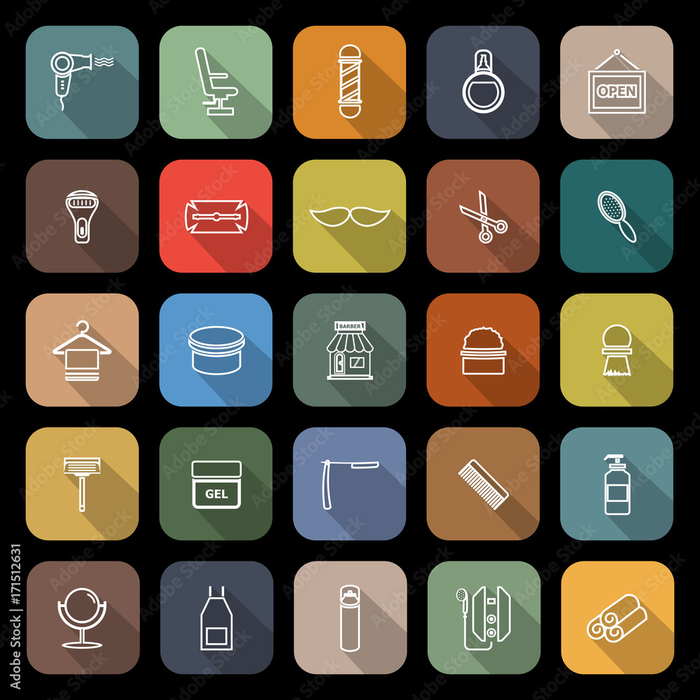 Barber line flat icons with long shadow Barber line flat icons with long shadow