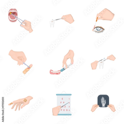 Anesthetic injection, examination of the tooth and other web icon in cartoon style. wound treatment, vision check icons in set collection.