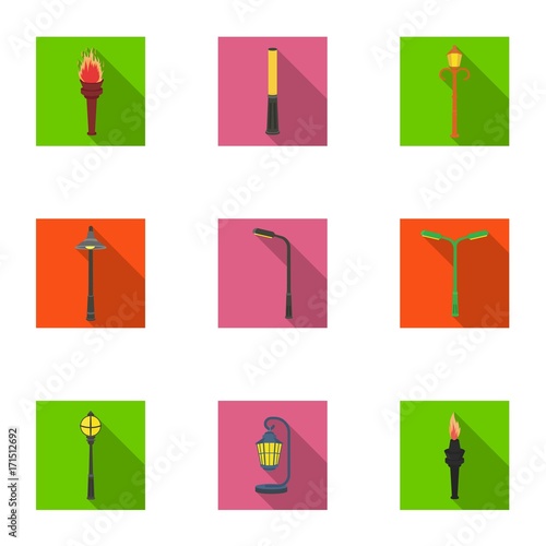 Lamppost in retro style,modern lantern, torch and other types of streetlights. Lamppost set collection icons in flat style vector symbol stock illustration web.