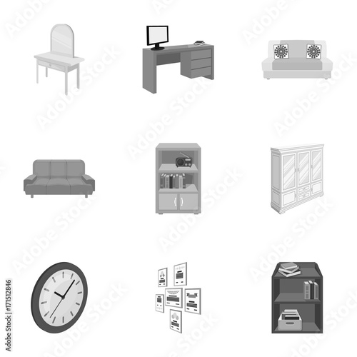Coffee maker, sofa, mirror, table service in the restaurant and other web icon in monochrome style isometric. Interior and office furniture icons in set collection.