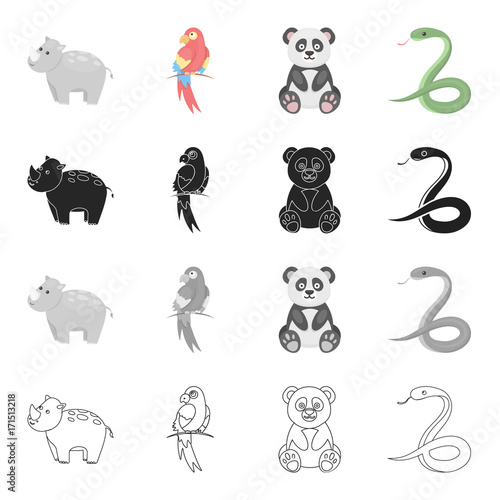 Animal hippopotamus, bamboo bear koala, parrot, poisonous snake. Animals set collection icons in cartoon black monochrome outline style vector symbol stock illustration web. photo